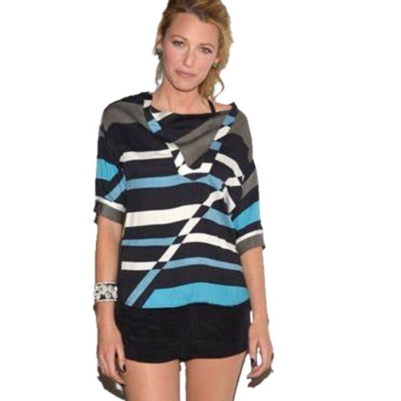 Derek Lam For Design Nation Abstract Graphic Stripes Slight Hi Lo Blouse M - Picture 1 of 7